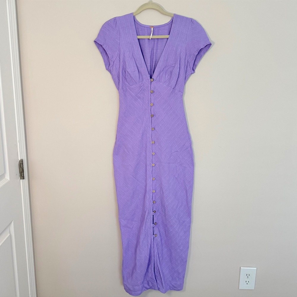 Free People New In Town Midi Dress Purple Plunging V Neckline 100% Cotton SZ XS